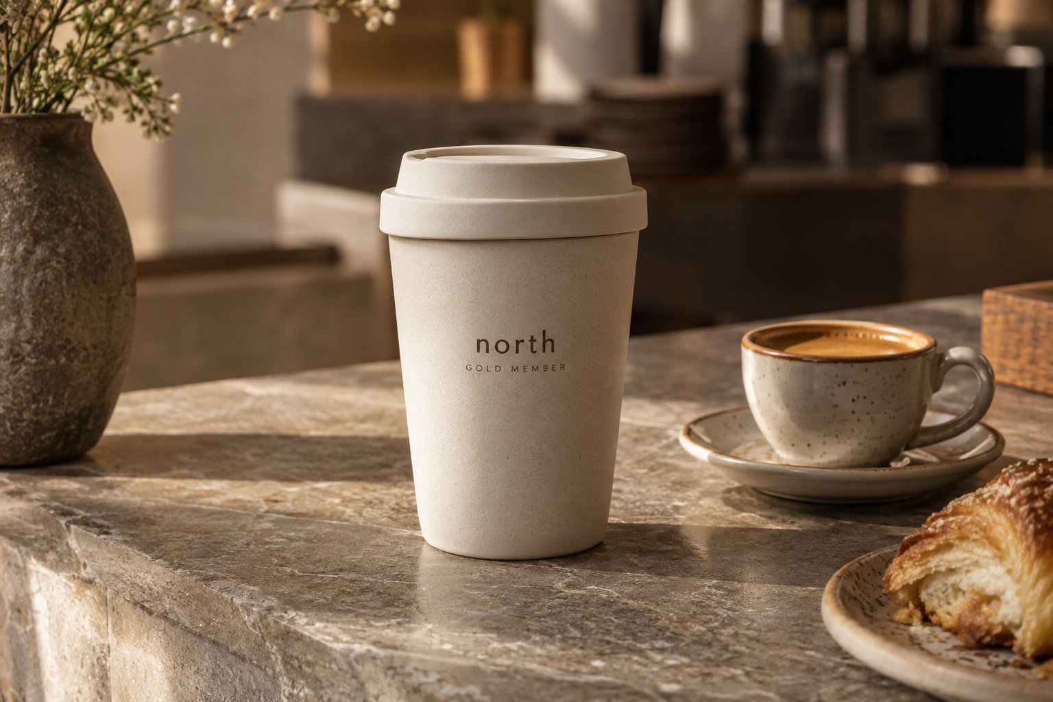 North Coffee Gold member ceramic cup, espresso, and a pastry in morning light